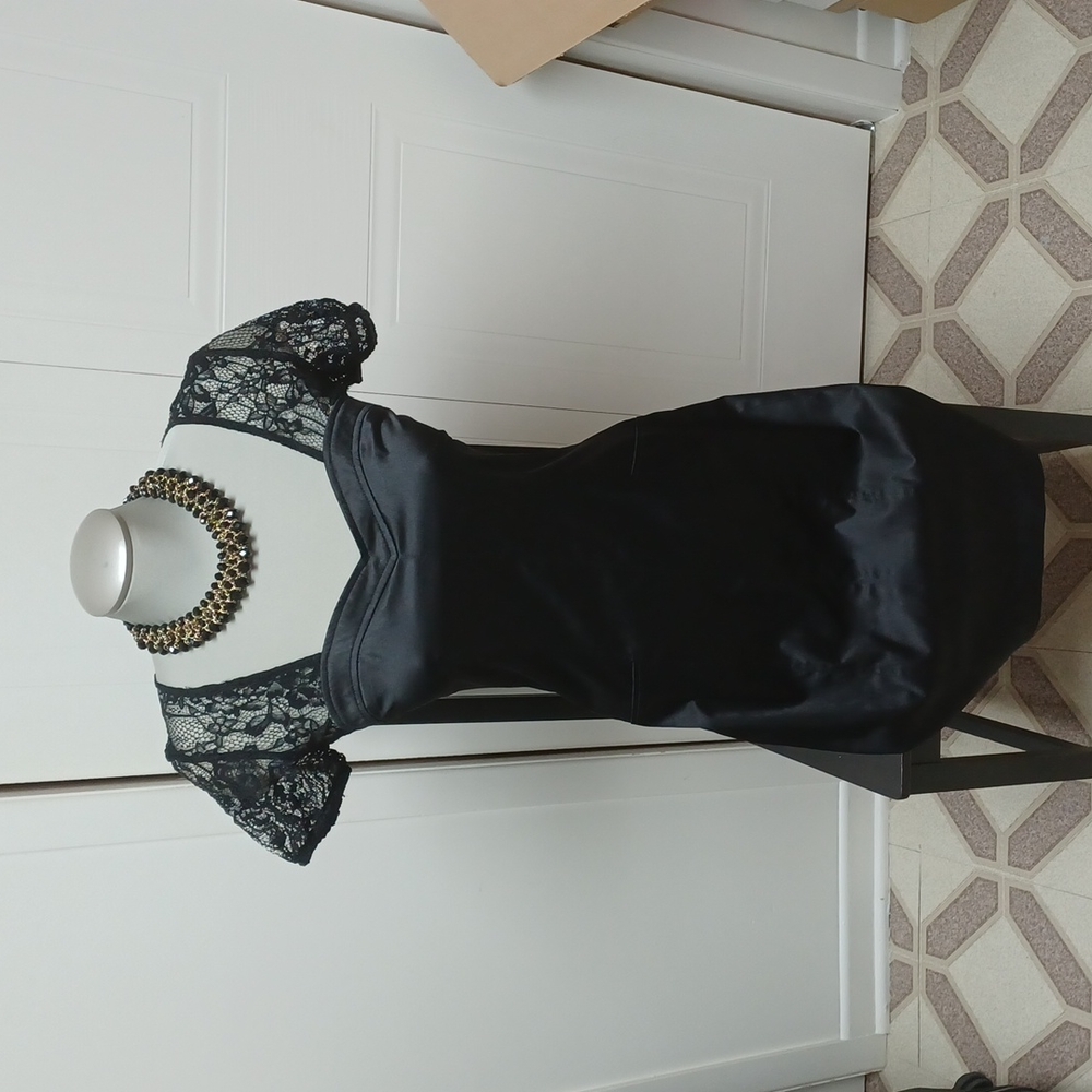 NWOT Black Satin Dress with Lace Sleeves and Back